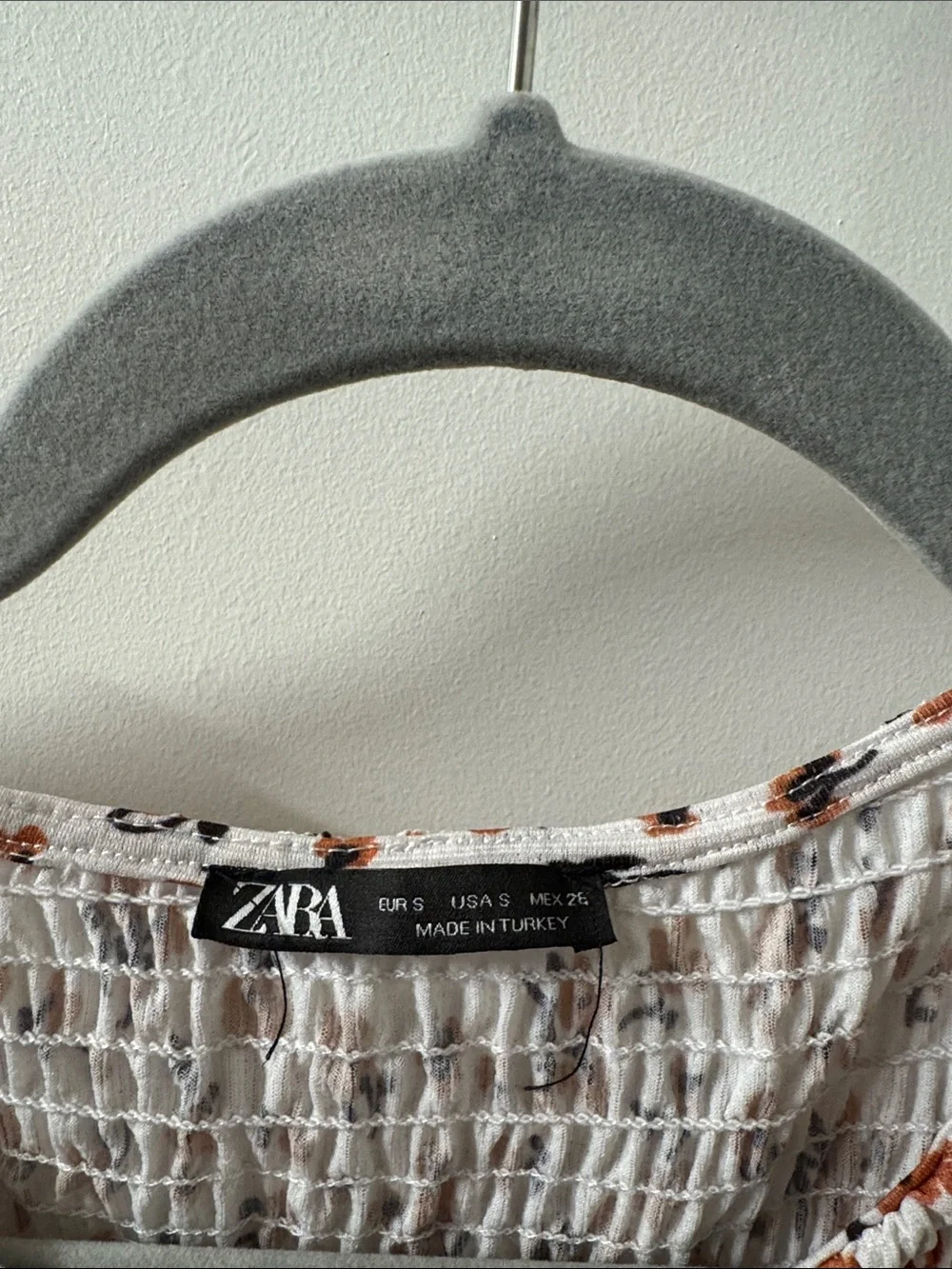 ZARA Smocked Floral Peplum Top - White with Brown Floral